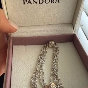 Pandora Silver Layered Chain Bracelet with flower Accent charm